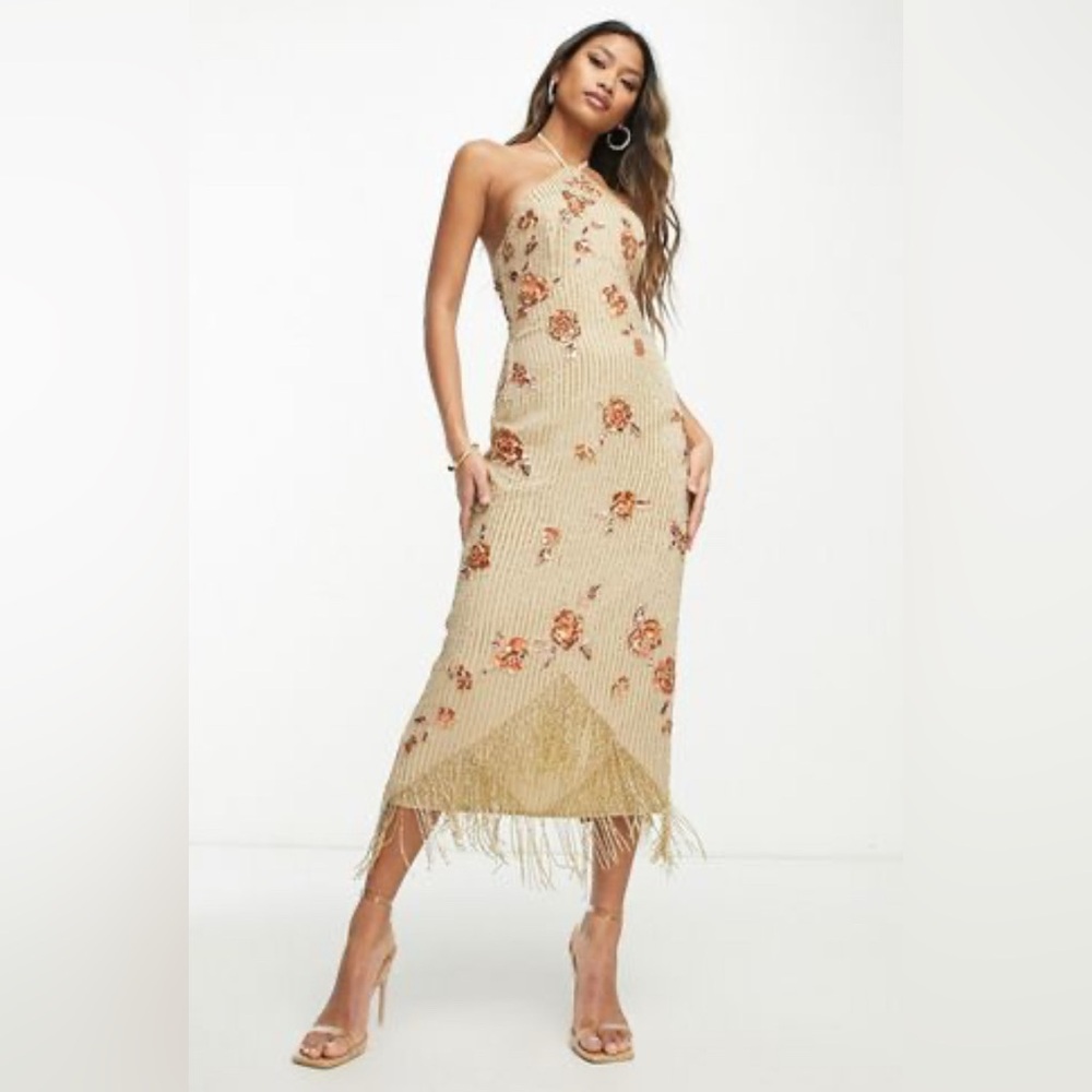 ASOS Floral Beige Midi Dress with Fringe